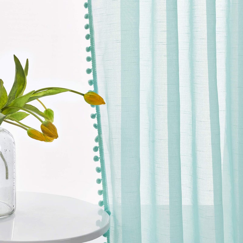 Treatmentex Pompom Sheer Curtain Panels 84inch Long Living Room Bedroom Window Curtain Drapes for School, Kindergarten 52" Width Each Panel. 1 Pair Rod Pocket Aqua - Image 4